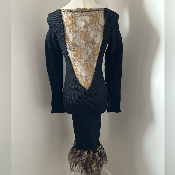 Mellow Mail Vintage 80’s Black Body Con Gold Lace Short Mermaid Dress - Picture 7 of 10